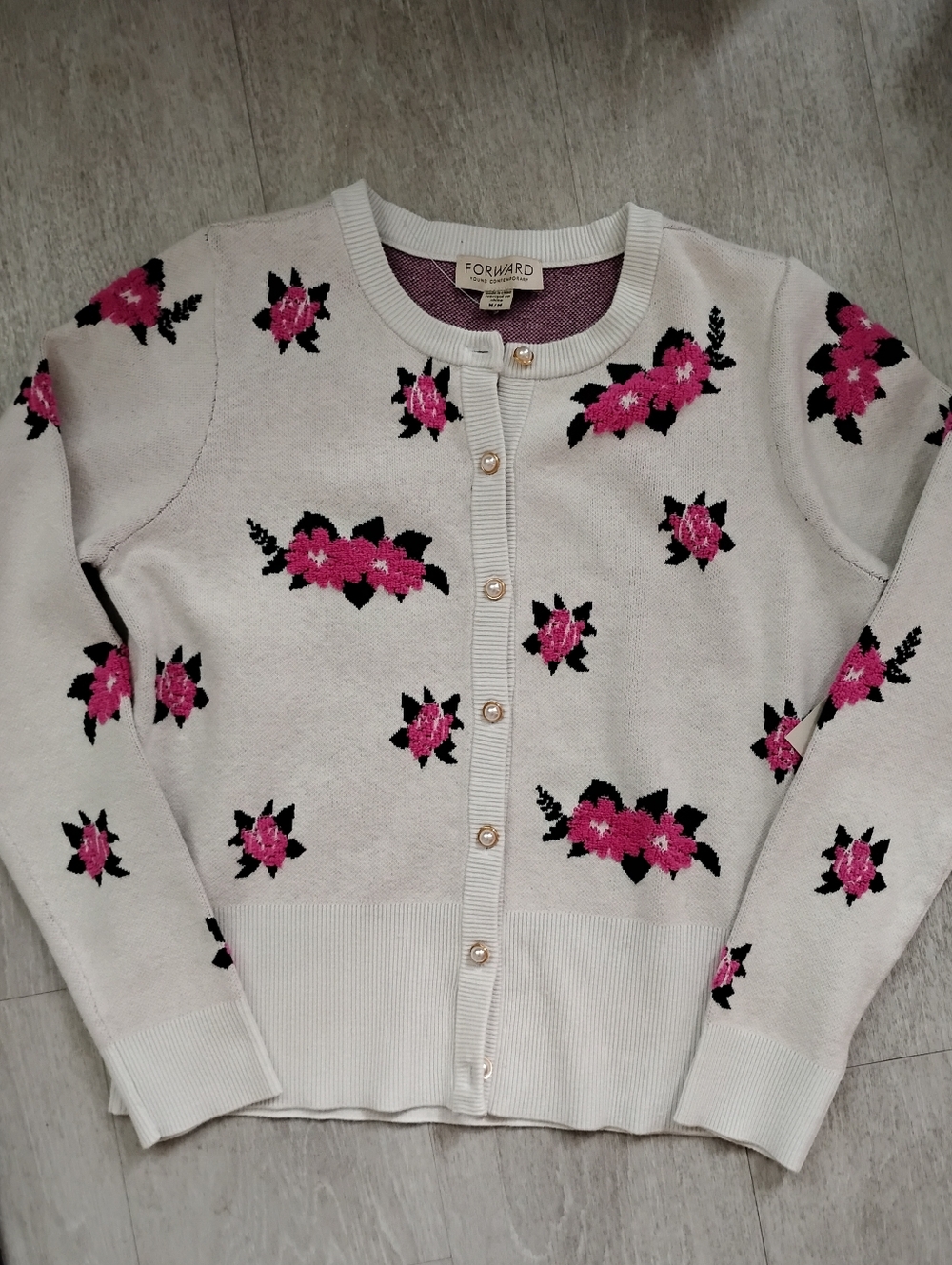 Light Cream Floral Cardigan with Pink Flower Embroidery